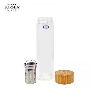 Botol Kaca Double WALL 400ML Tutup bamboo w/ Saringan Tahan Panas