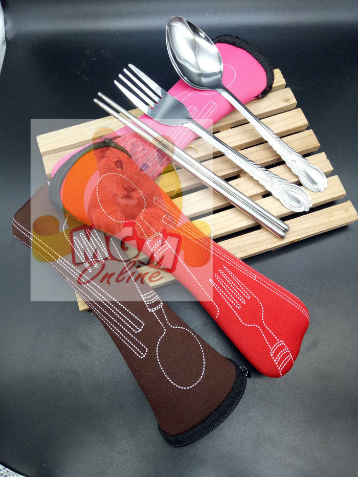 Sendok Garpu Sumpit Stainless Free POUCH / Sendok Makan Travel - Image 2