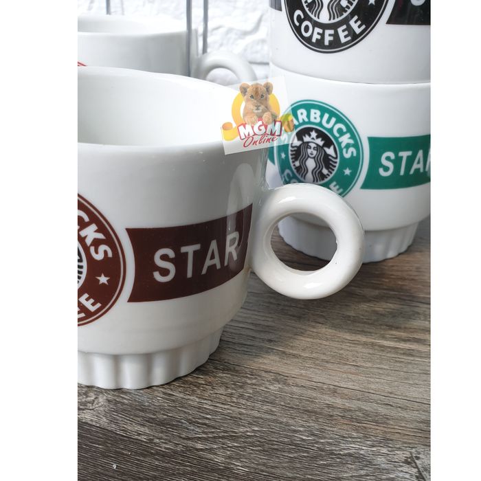 Keramik mug susun 4 BESAR dengan Rak Stainless 8CM - Mug tumpuk motif - Image 3