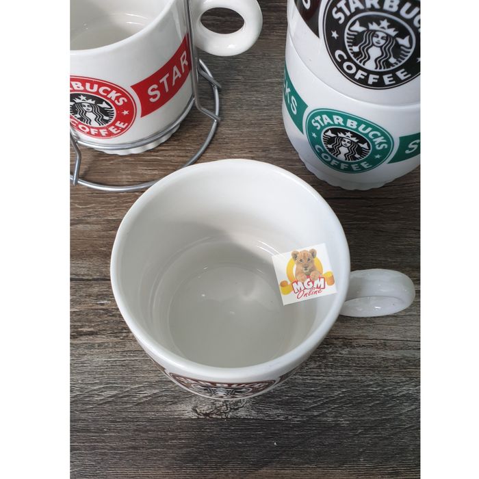 Keramik mug susun 4 BESAR dengan Rak Stainless 8CM - Mug tumpuk motif - Image 4