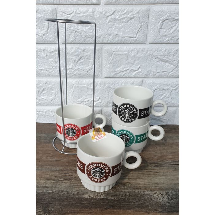 Keramik mug susun 4 BESAR dengan Rak Stainless 8CM - Mug tumpuk motif - Image 2