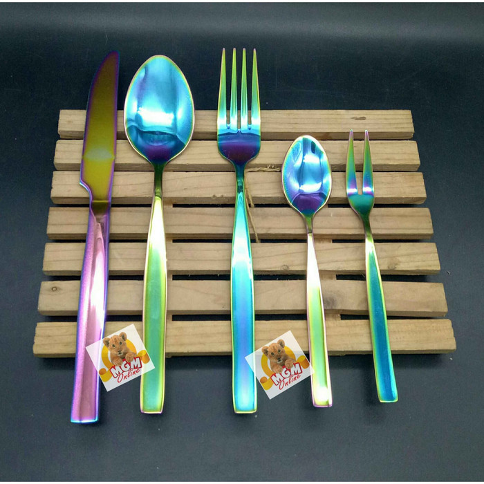 Rainbow Sendok Makan set 5pc pelangi sendok makan lengkap 5pc Gold - Image 3