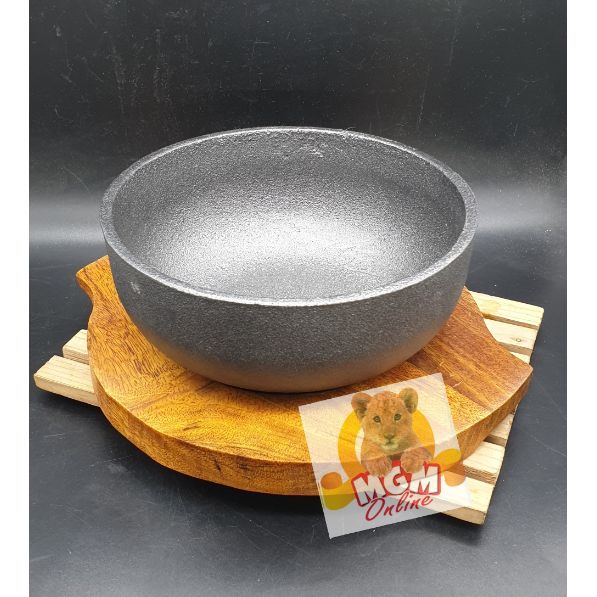 Iron Cast Mangkok Bibimbap Besi Cor SUPER TEBAL 17CM dengan alas Kayu - Image 2