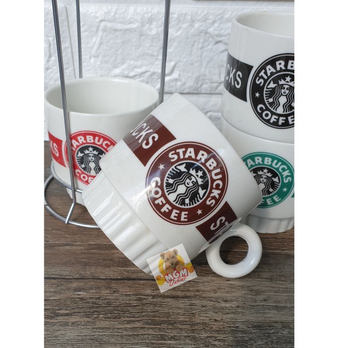 Keramik mug susun 4 BESAR dengan Rak Stainless 8CM - Mug tumpuk motif - Image 5