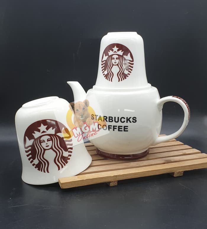 Set Teko Starbucks dengan Gelas Susun Keramik Teko Set Starbucks