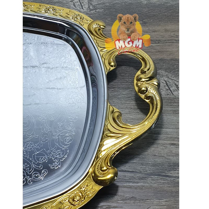 JAPAN UKIR Nampan stainless tebal GOLD LIS 42x25CM Nampan elegant - Image 2