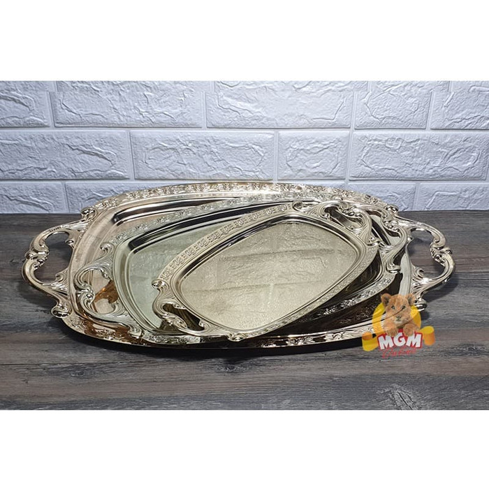 JAPAN UKIR Nampan stainless tebal FULL GOLD 52x31CM Nampan elegant - Image 5