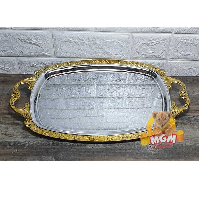 JAPAN UKIR Nampan stainless tebal GOLD LIS 42x25CM Nampan elegant