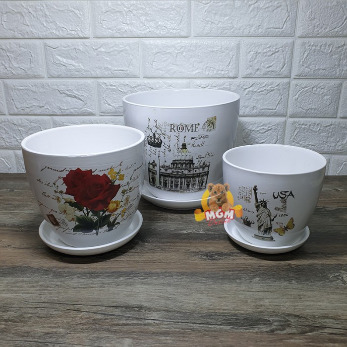 MOTIF Vas Bunga keramik Pot Bunga T13cm Lebar 13.5cm dgn ALAS piring S - Image 4