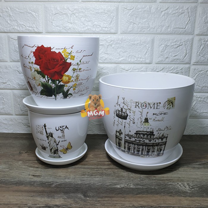 MOTIF Vas Bunga keramik Pot Bunga T13cm Lebar 13.5cm dgn ALAS piring S - Image 5