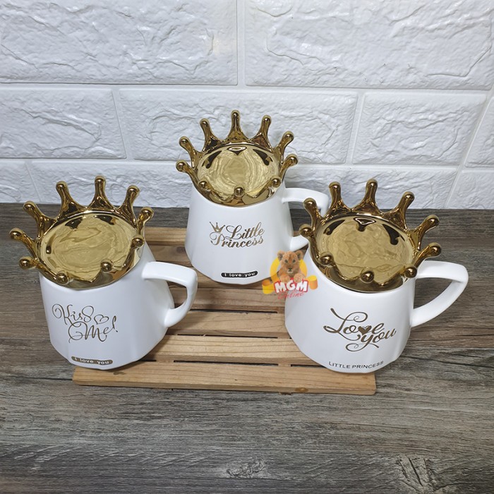 Gelas mahkota emas Keramik 330ml Mug crown GOLD dengan Tutup - Image 3