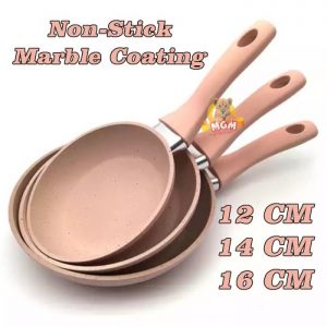 SET3 Teflon Telur Frypan Mini Warna pastel Gagang Marble Coating 12-16