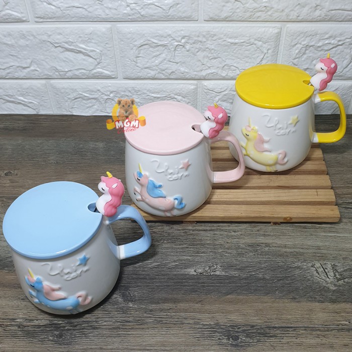 Gelas Unicorn Keramik Mug Kuda terbang dgn Tutup & Sendok - Image 3
