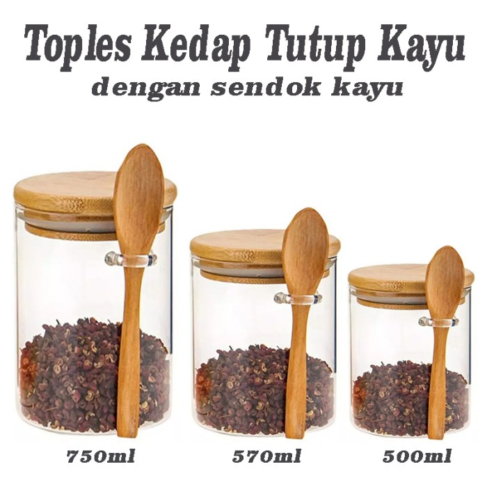 LEXUS Toples Kaca tutup kayu kedap w/ Sendok 10cm BOROSILICATE Glass - Image 5