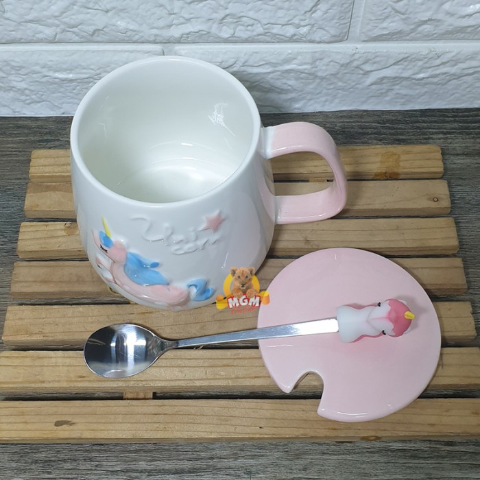 Gelas Unicorn Keramik Mug Kuda terbang dgn Tutup & Sendok - Image 5