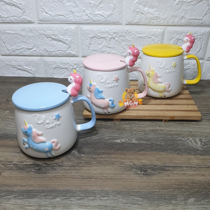 Gelas Unicorn Keramik Mug Kuda terbang dgn Tutup & Sendok - Image 2