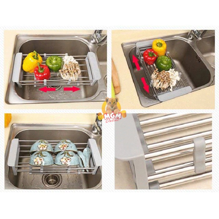 Peniris buah stainless 40x22CM extendable drip basket rak piring - Image 3