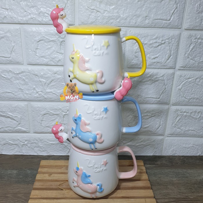 Gelas Unicorn Keramik Mug Kuda terbang dgn Tutup & Sendok - Image 4