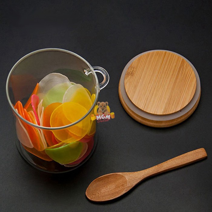 LEXUS Toples Kaca tutup kayu kedap w/ Sendok 10cm BOROSILICATE Glass - Image 3
