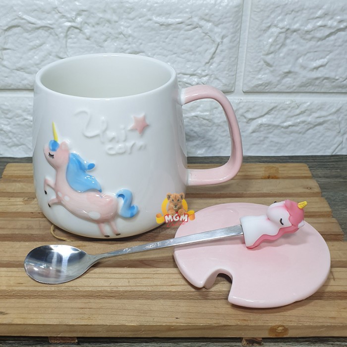Gelas Unicorn Keramik Mug Kuda terbang dgn Tutup & Sendok