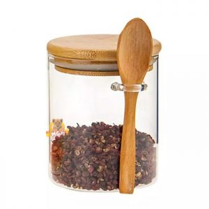 LEXUS Toples Kaca tutup kayu kedap w/ Sendok 10cm BOROSILICATE Glass