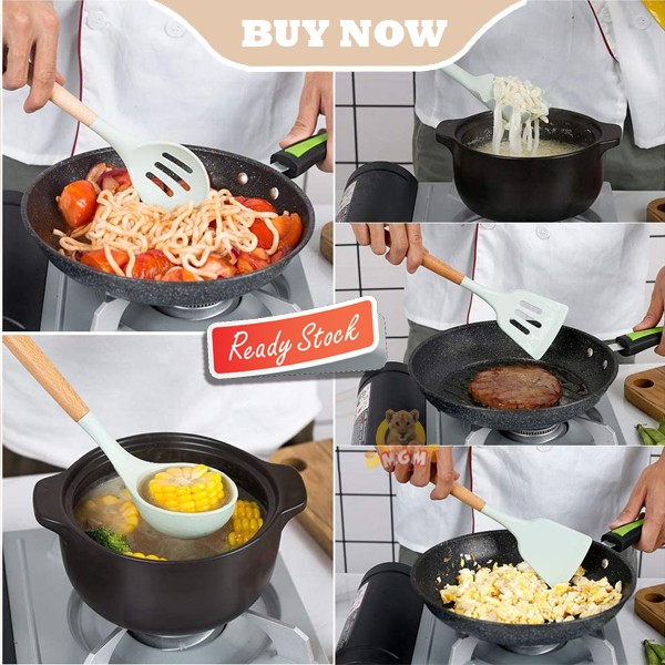 Kitchen set 10PC silicone utensil gagang kayu PREMIUM Tahan Panas - Image 5