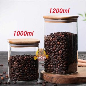 KOTAK 15cm KEDAP Toples Kaca tutup kayu BOROSILICATE glass 1200ml