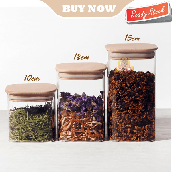 KOTAK 10cm KEDAP Toples Kaca tutup kayu BOROSILICATE glass 800ml