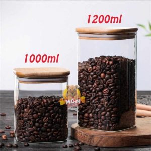 KOTAK 12cm KEDAP Toples Kaca tutup kayu BOROSILICATE glass 1000ml