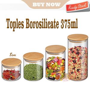 KEDAP 8CM Toples Kaca tutup kayu kedap BOROSILICATE glass 375ml