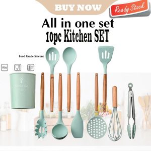 Kitchen set 10PC silicone utensil gagang kayu PREMIUM Tahan Panas