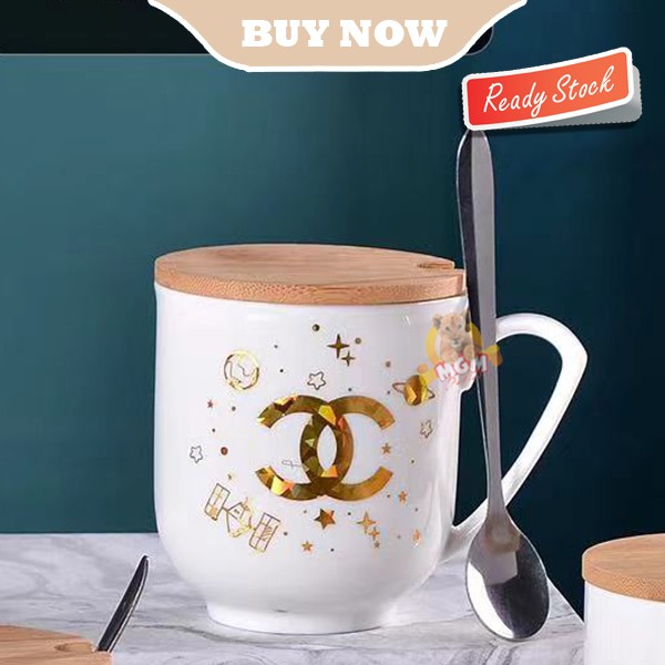 Gelas Branded Keramik Mug designer GOLD dengan Tutup dan Sendok - Image 4