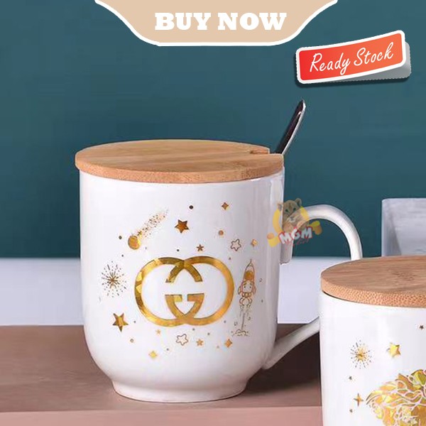 Gelas Branded Keramik Mug designer GOLD dengan Tutup dan Sendok - Image 3