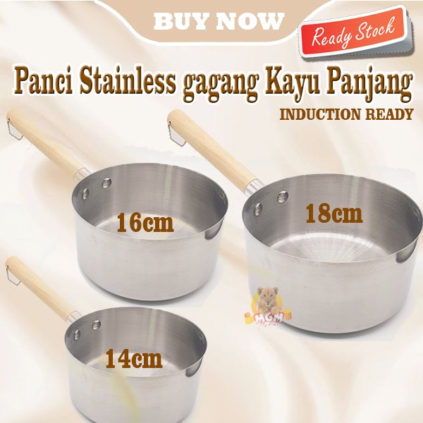 Panci stainless 14cm gagang KAYU panjang Induksi READY Gayung 1L - Image 4