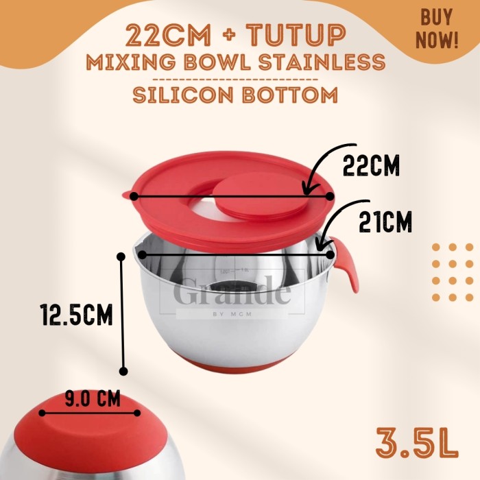 Silicone NON SLIP Mixing Bowl Stainless Plus Tutup 22cm baskom 3.5L - Image 2