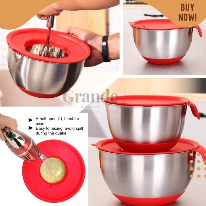 Silicone NON SLIP Mixing Bowl Stainless Plus Tutup 22cm baskom 3.5L - Image 5