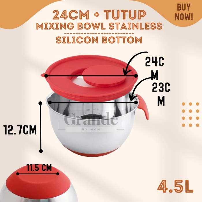 Silicone NON SLIP Mixing Bowl Stainless Plus Tutup 24cm baskom 4.5L - Image 3