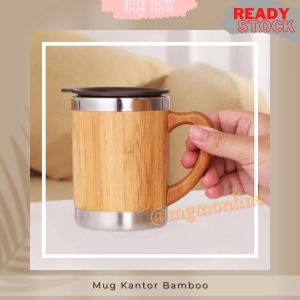 Mug Kantor stainless bamboo 400ml gelas air bambu
