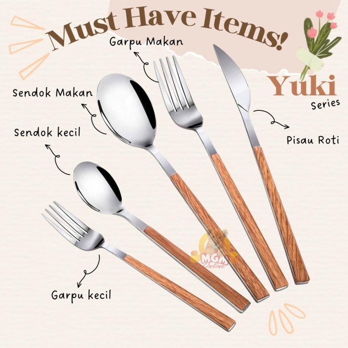 sendok makan Yuki Stainless Steel TEBAL gagang motif kayu ELEGANT - Image 2