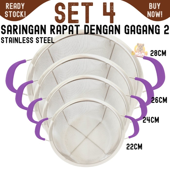 set4 Saringan rapat bulat stainless 22-28 wadah cuci beras sayur buah