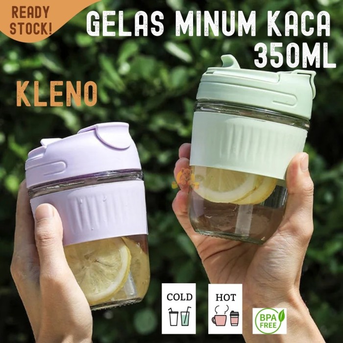 gelas kaca 350ML KLENO BPA FREE infuse coffee cup silikon w/ sedotan