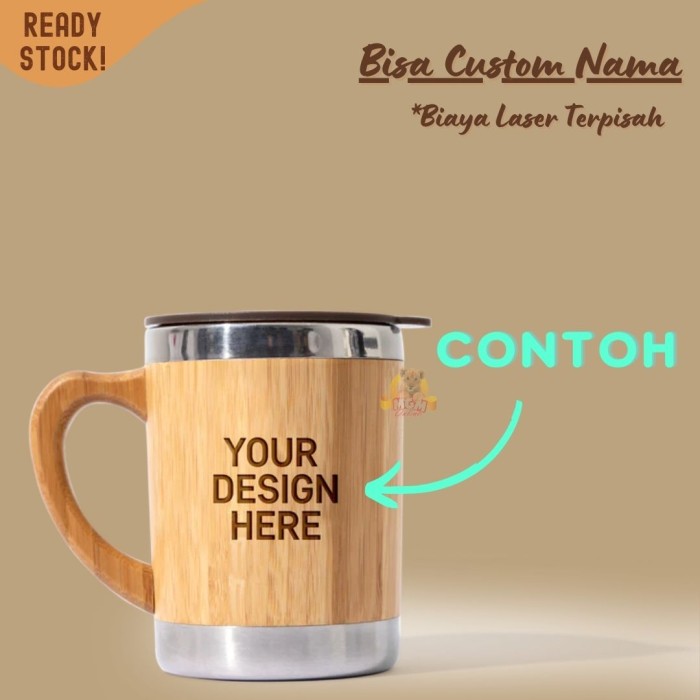 Mug Kantor stainless bamboo 450ml gelas air bambu TUTUP TRANSPARANT - Image 5