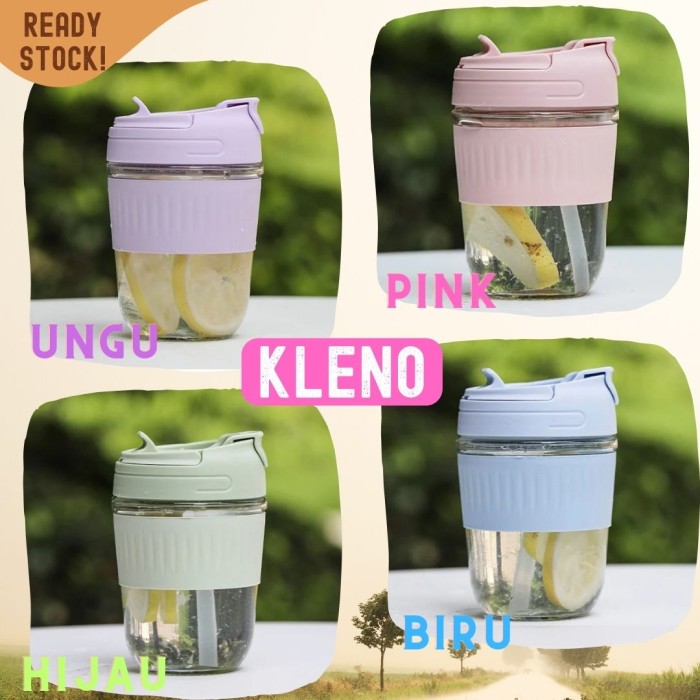 gelas kaca 350ML KLENO BPA FREE infuse coffee cup silikon w/ sedotan - Image 2