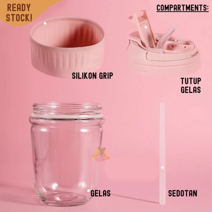 gelas kaca 350ML KLENO BPA FREE infuse coffee cup silikon w/ sedotan - Image 3