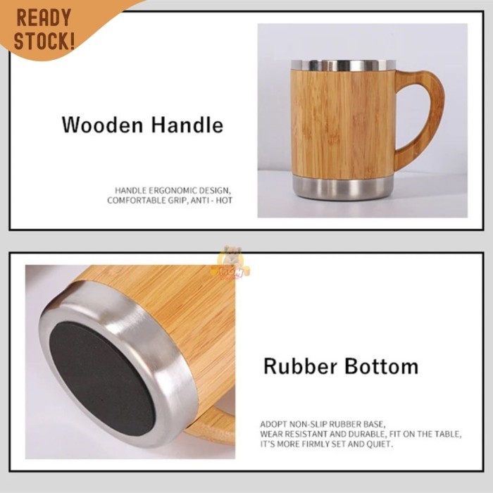 Mug Kantor stainless bamboo 450ml gelas air bambu TUTUP TRANSPARANT - Image 2