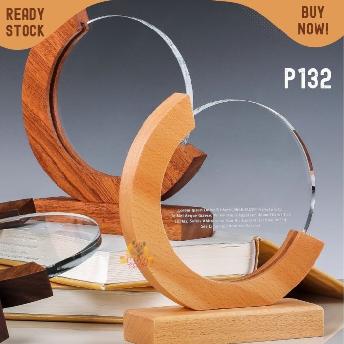 P132 Plakat kristal dengan kayu 19cm Trophy Crystal kaca Piala kejuaraan Bulat - Image 4