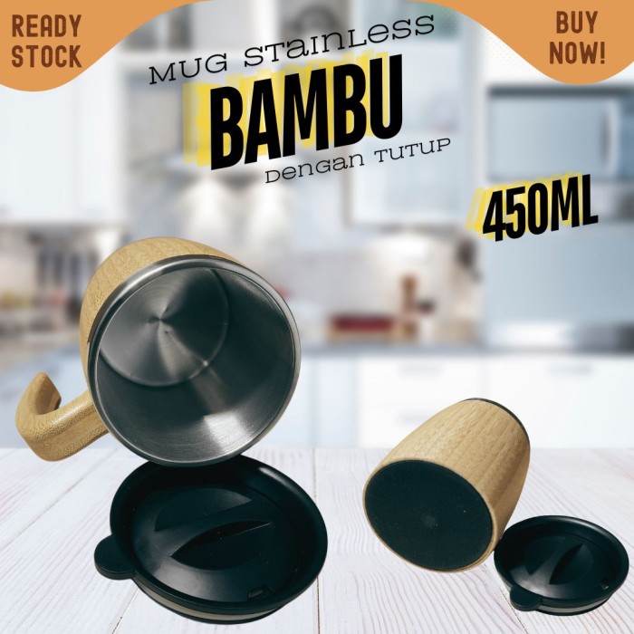 MUG Kantor stainless bamboo 450ml gelas air bambu dengan tutup GAGANG - Image 4