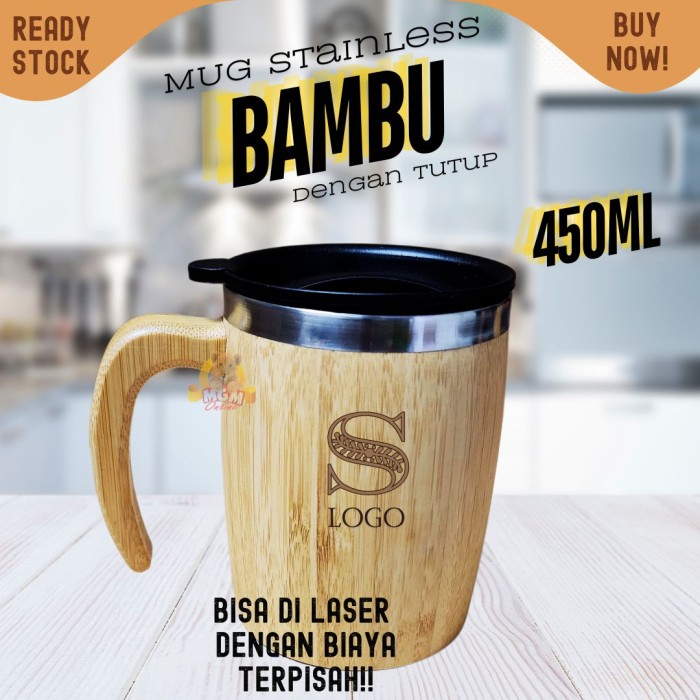 MUG Kantor stainless bamboo 450ml gelas air bambu dengan tutup GAGANG