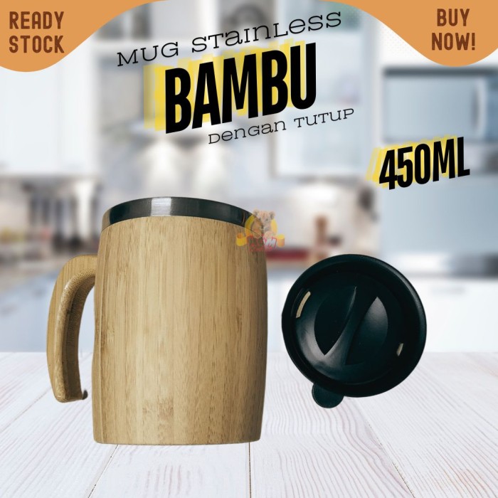 MUG Kantor stainless bamboo 450ml gelas air bambu dengan tutup GAGANG - Image 5