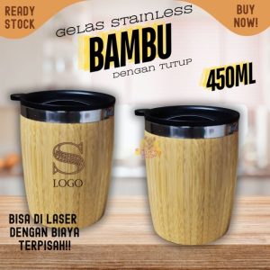 Gelas Kantor stainless bamboo 450ml gelas air bambu dengan tutup
